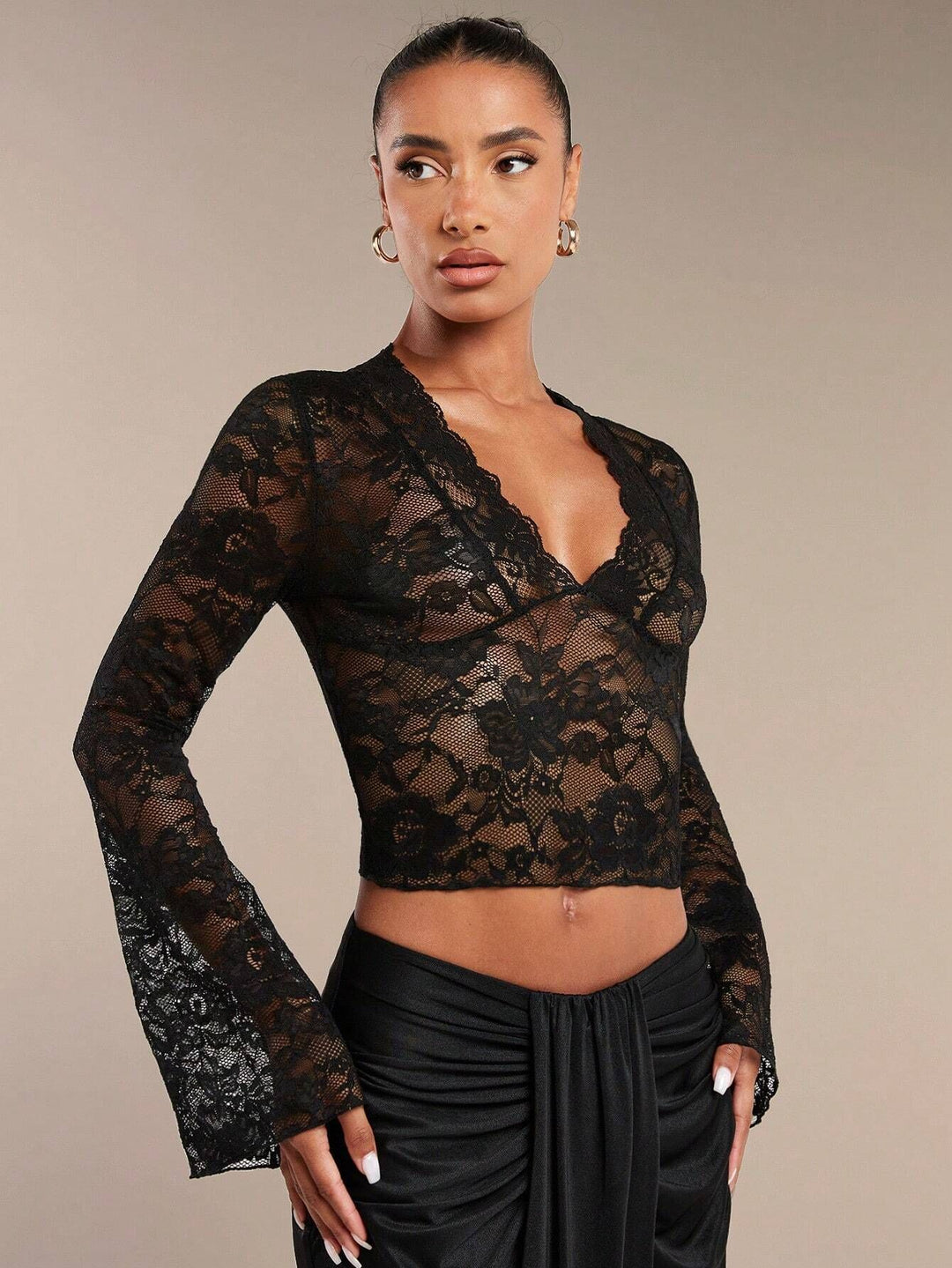 Bondi-Pearl-Isla Flare Lace Top | Black sheer party blouse 10