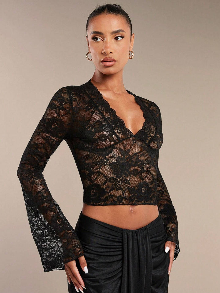 Bondi-Pearl-Isla Flare Lace Top | Black sheer party blouse 10