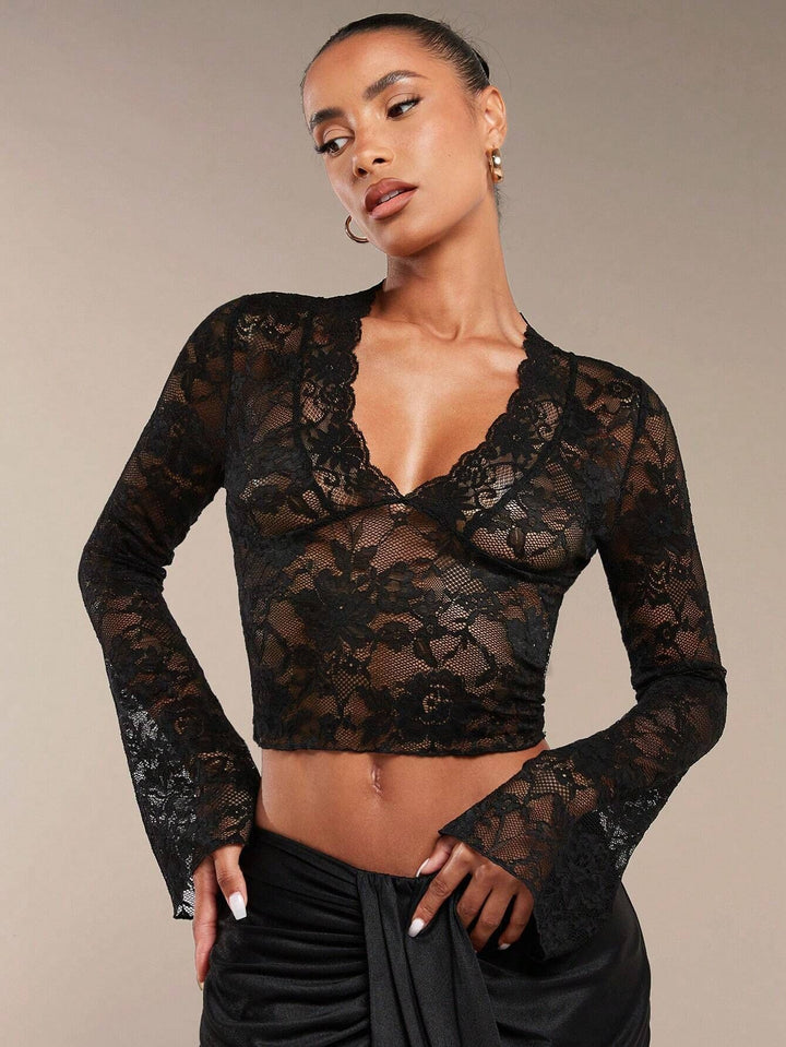 Bondi-Pearl-Isla Flare Lace Top | Black sheer party blouse 8