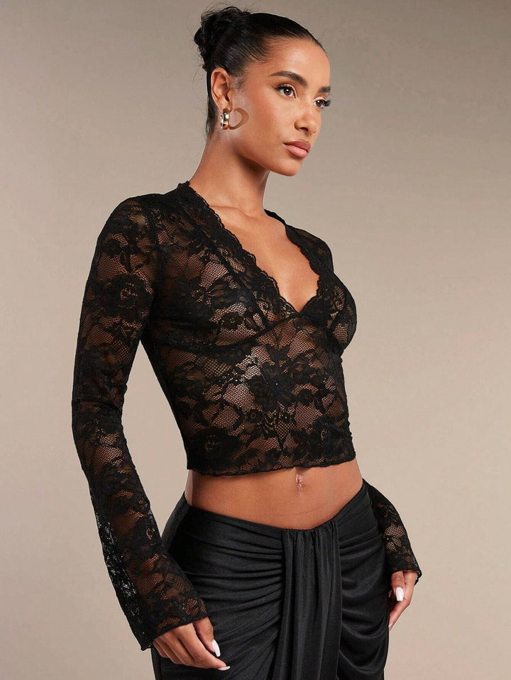 Bondi-Pearl-Isla Flare Lace Top | Black sheer party blouse 9