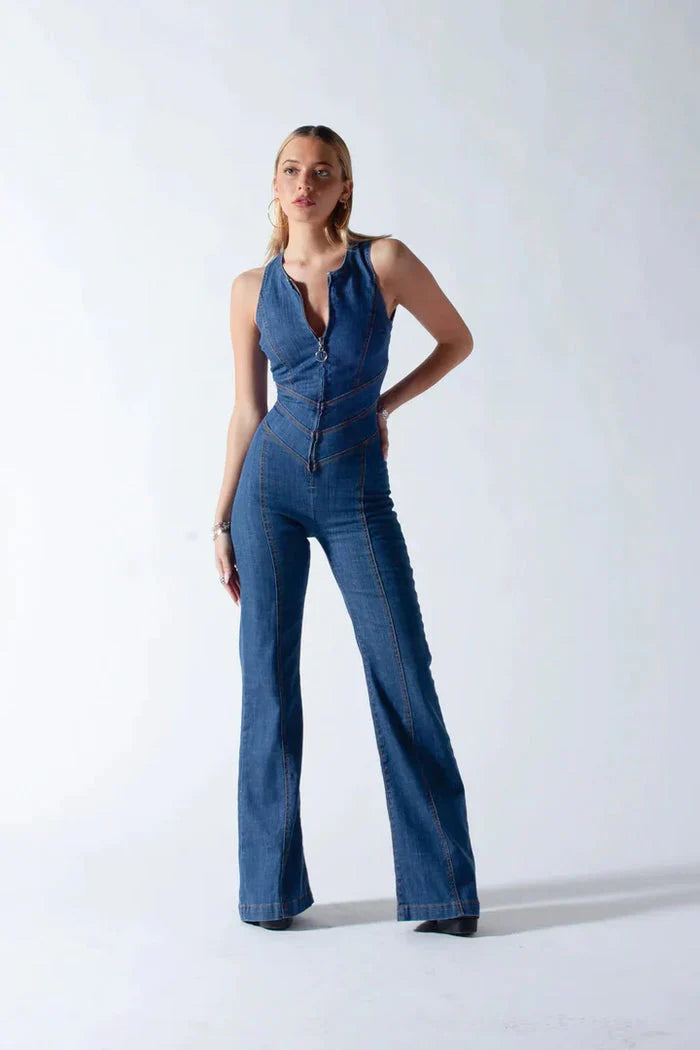 Bondi Pearl - Harlow Denim | Heart cut-out flared jumpsuit - 01