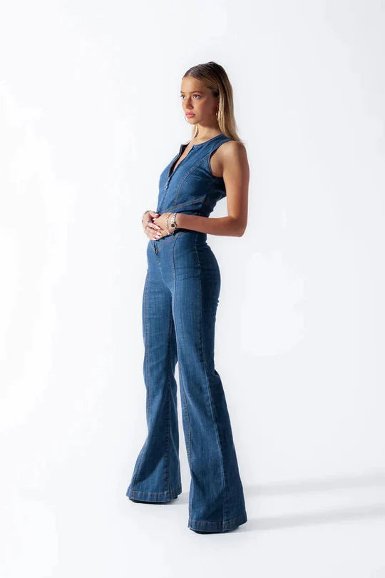 Bondi Pearl - Harlow Denim | Heart cut-out flared jumpsuit - 02