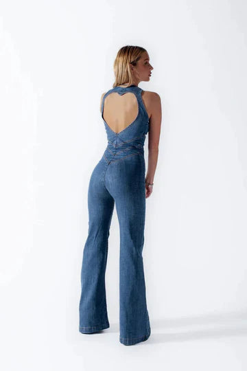 Bondi Pearl - Harlow Denim | Heart cut-out flared jumpsuit - 03