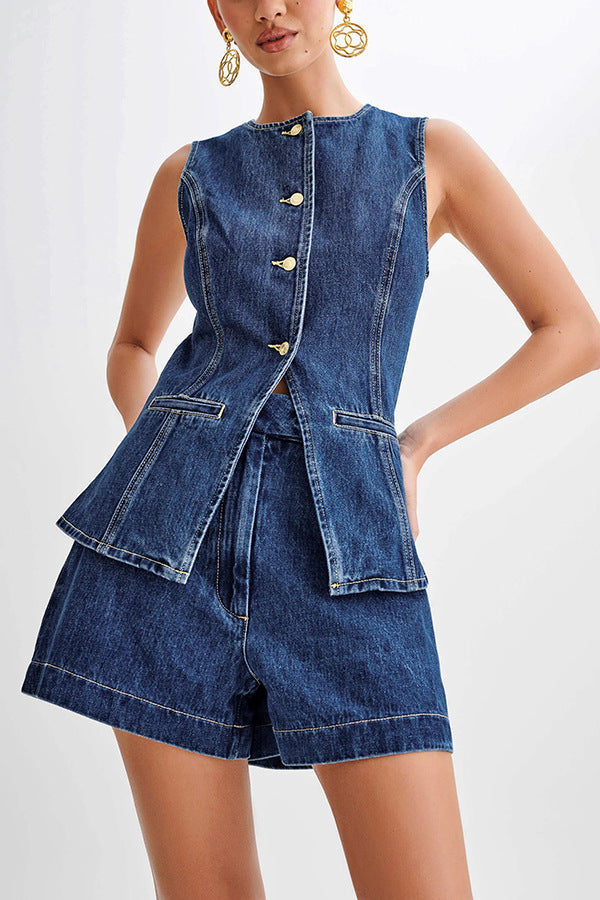 Bondi Pearl - Indigo Luxe Set | Chic sleeveless top and high-waisted shorts - 3