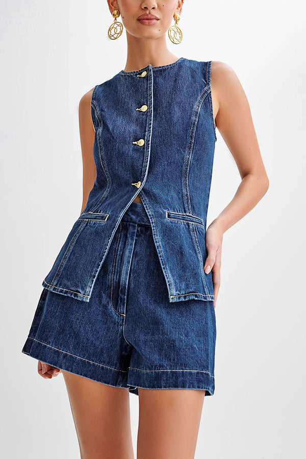 Bondi Pearl - Indigo Luxe Set | Chic sleeveless top and high-waisted shorts - 4