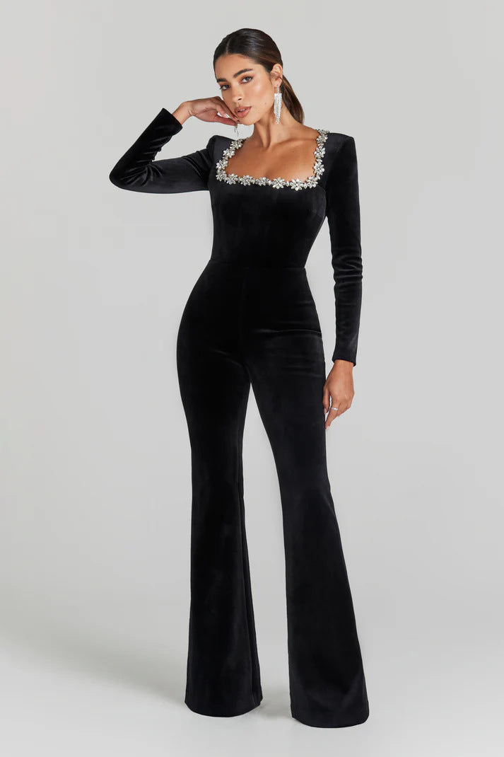 Bondi Pearl Celeste Luxe Black Jumpsuit | Elegant embellished formalwear